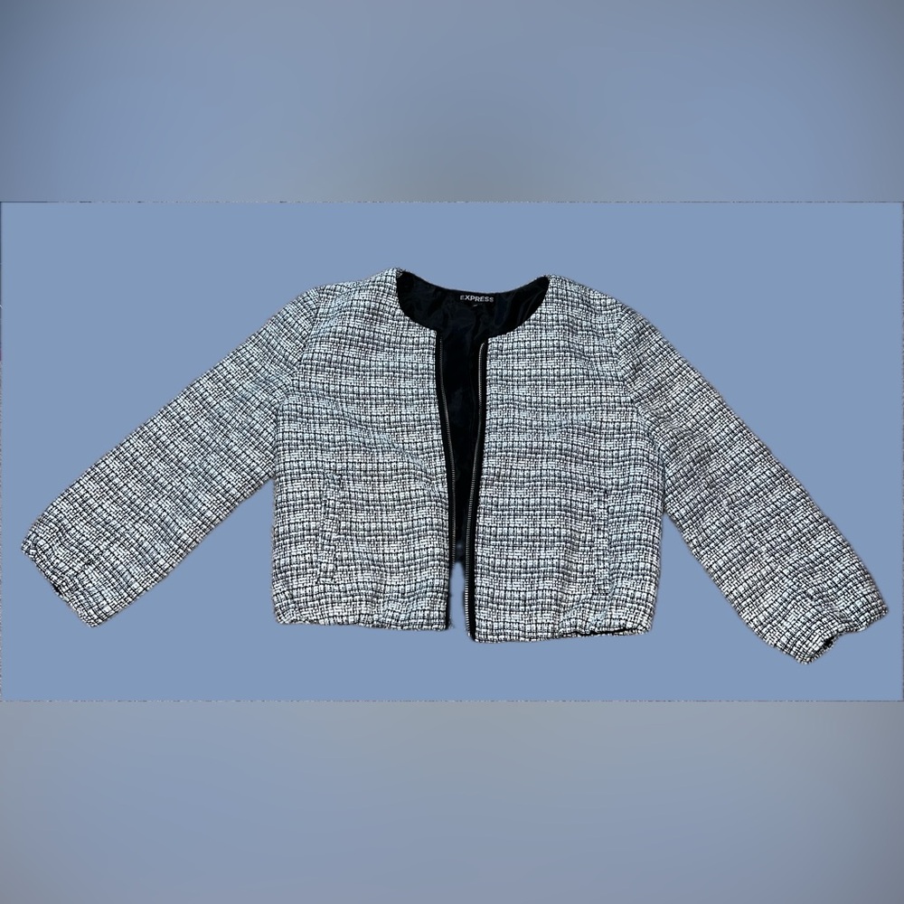 Express Women's Monochrome Tweed Cropped 3/4 Sleeve Blazer